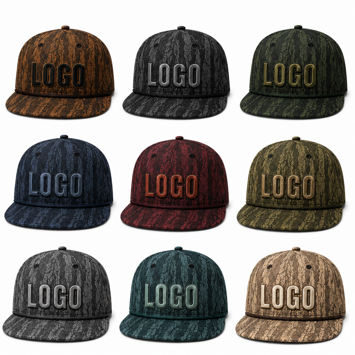 Multiple color options of custom 3D embroidery flat brim caps for brands and wholesale buyers