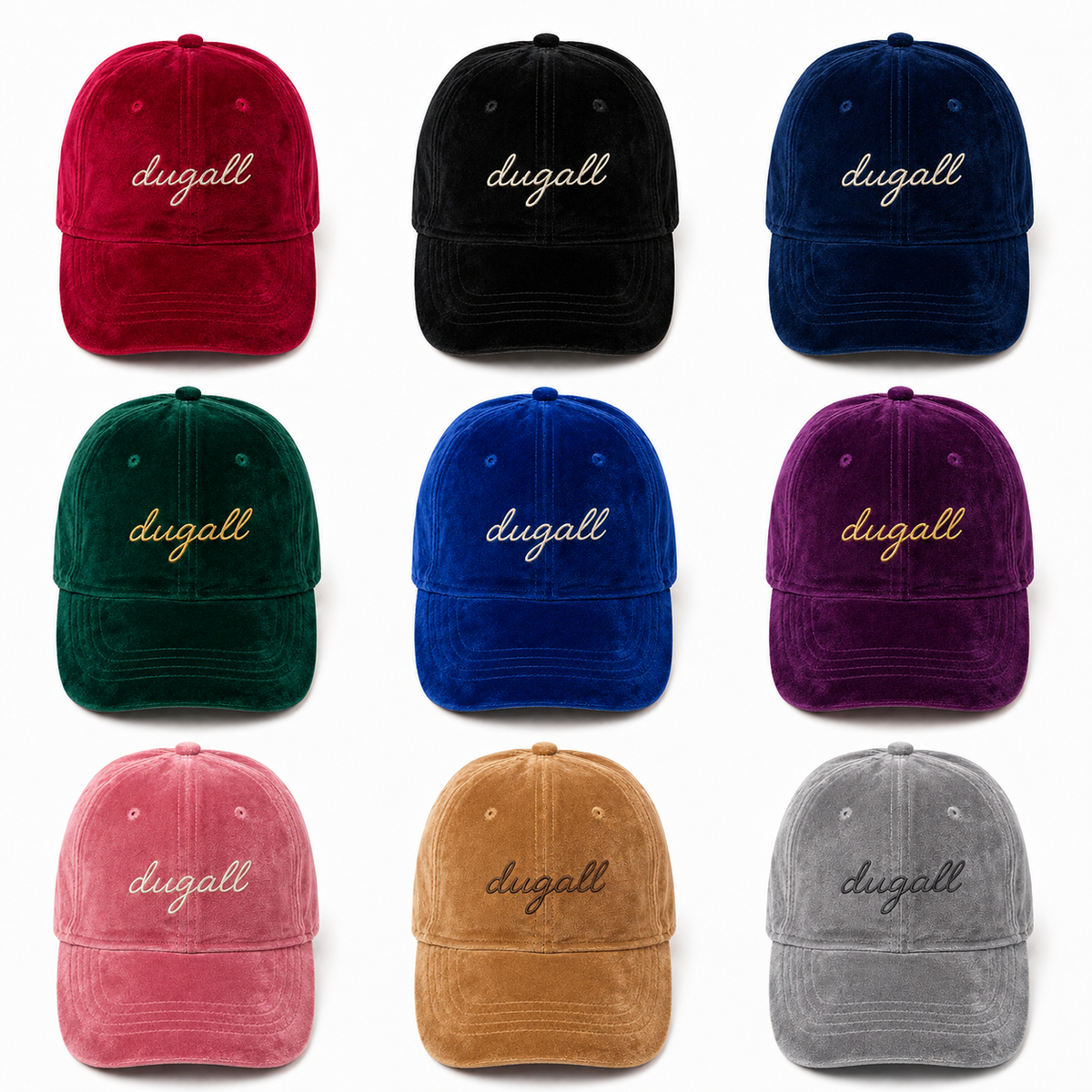 Custom velvet baseball cap with embroidered logo for private label and wholesale headwear orders