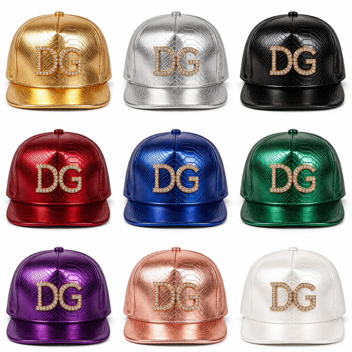 Multiple color options of high quality PU baseball caps with rhinestone logo for wholesale buyers