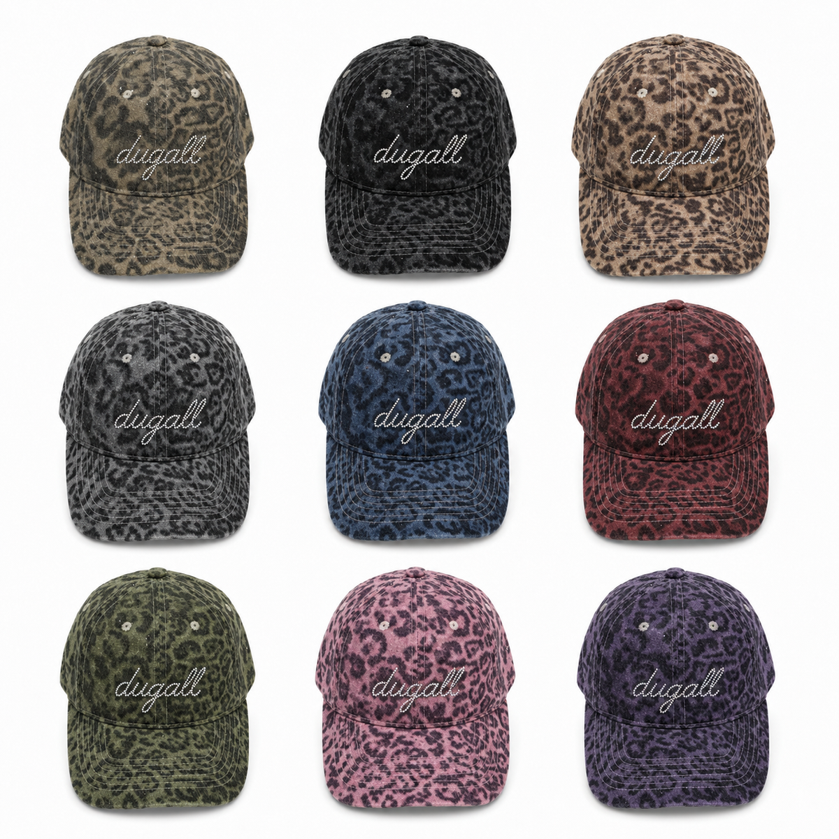Multiple color options of custom leopard print baseball caps with rhinestone logo