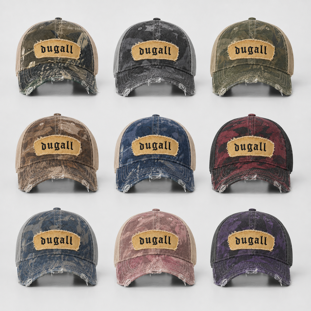 Vintage washed cotton custom trucker cap with embroidered logo patch, mesh back and distressed brim for wholesale buyers