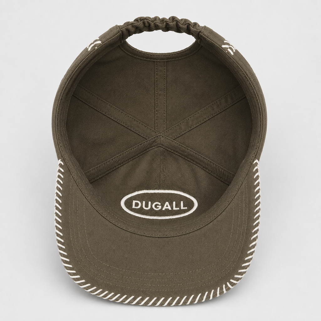 Inside view of a 100% cotton 5 panel baseball cap showing interior construction, curved brim, and baseball stitch detail.