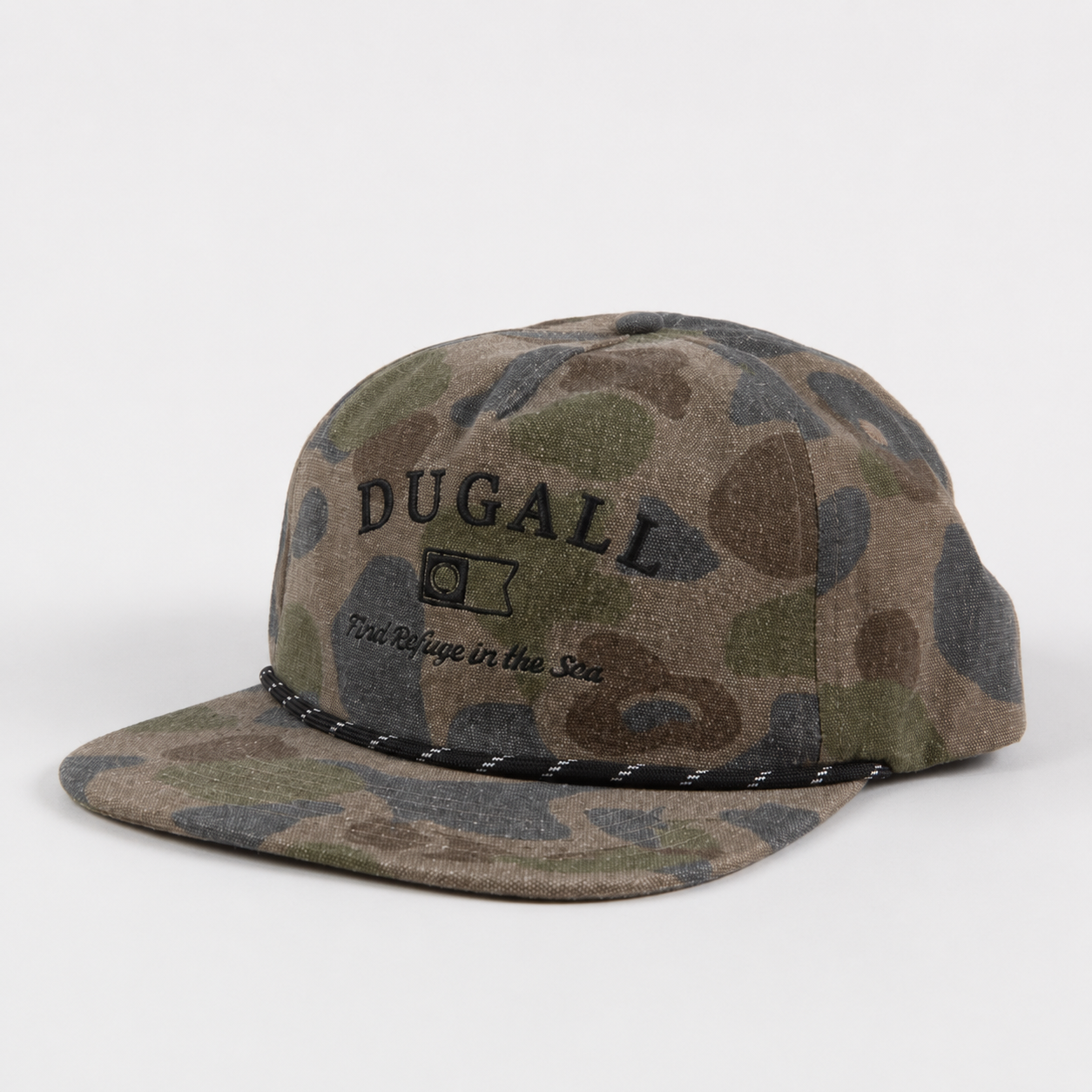 Front view of a custom camo snapback hat made from 100% cotton with embroidered logo, rope detail, and flat brim.