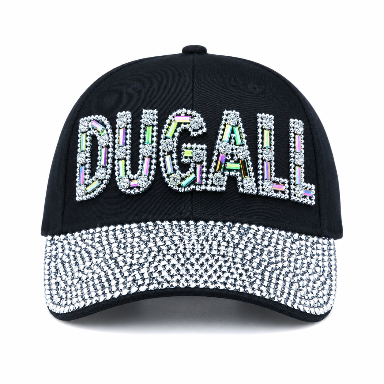 Custom rhinestone baseball cap front view with bling DUGALL logo and sparkling brim