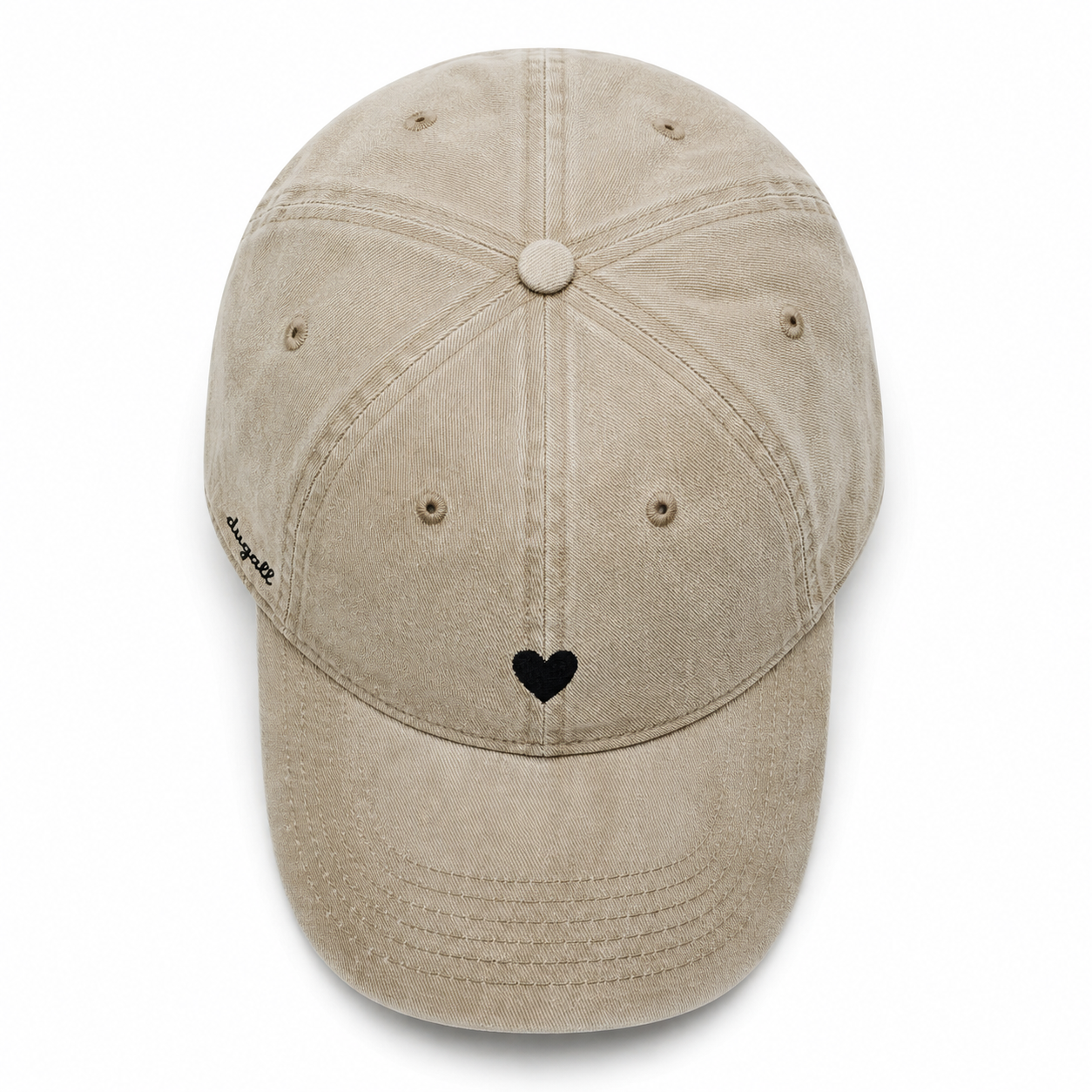 Top view of a custom washed cotton vintage baseball cap showing the 6 panel structure and curved brim.