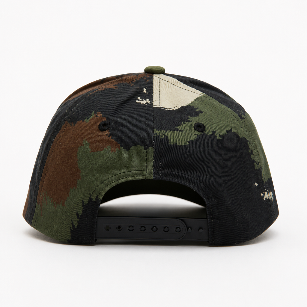 Back view camo baseball cap with adjustable snapback closure