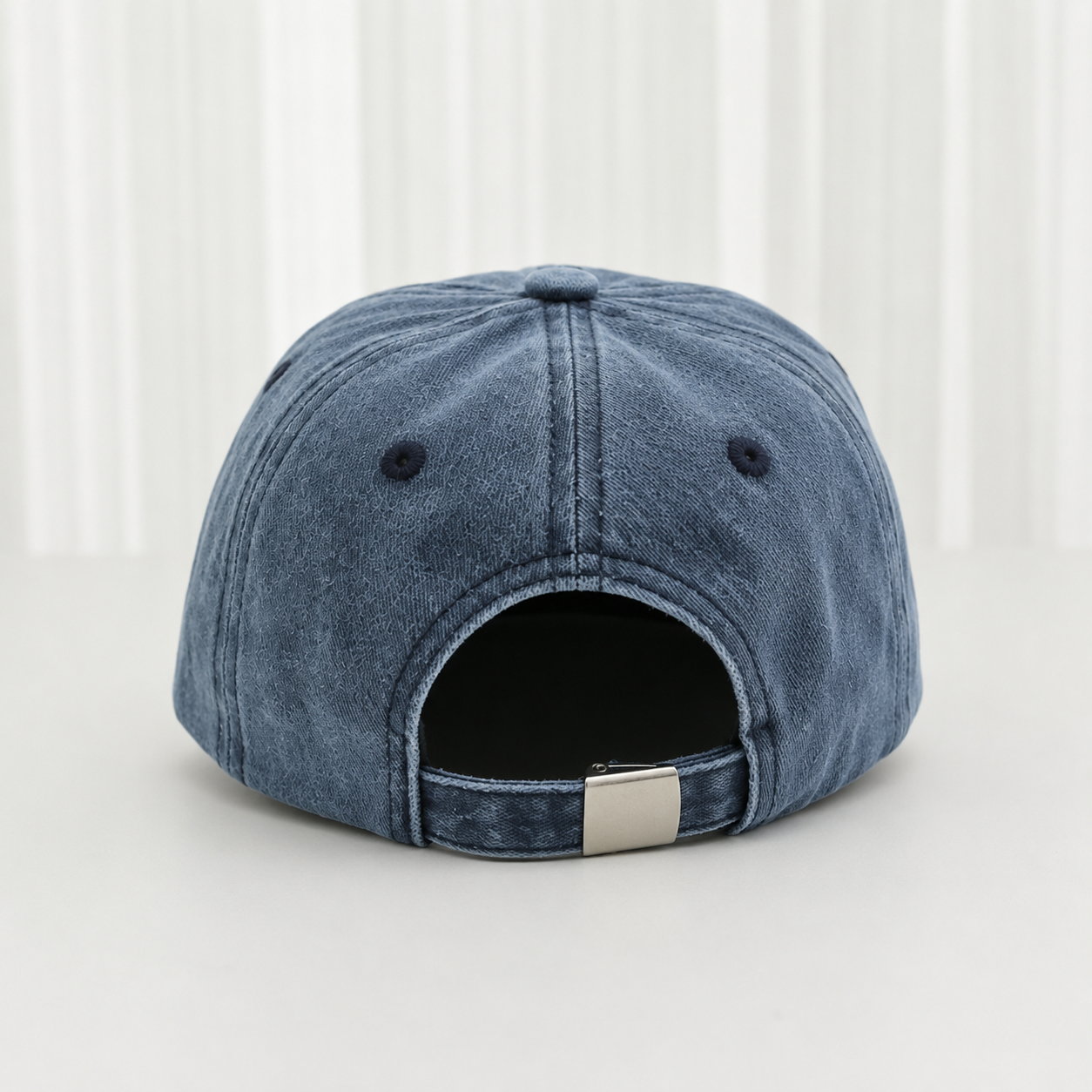 Custom vintage washed denim cap with adjustable metal buckle closure