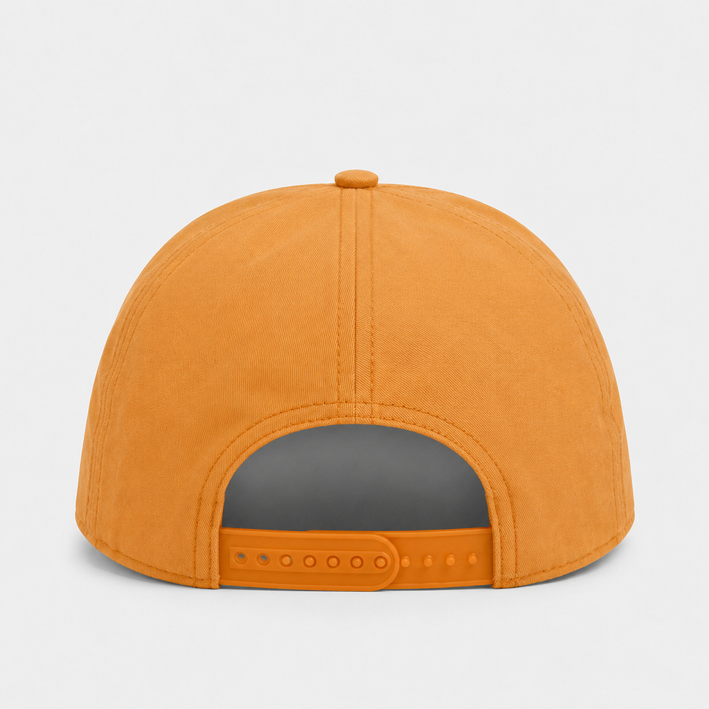 Back view of custom cotton baseball cap with adjustable snapback closure
