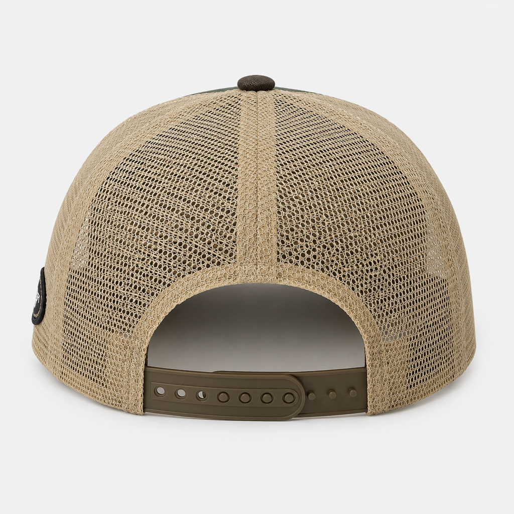 Back view of a breathable mesh trucker hat with an adjustable snapback closure, designed for comfortable daily wear, outdoor use, retail brands, and wholesale customization.