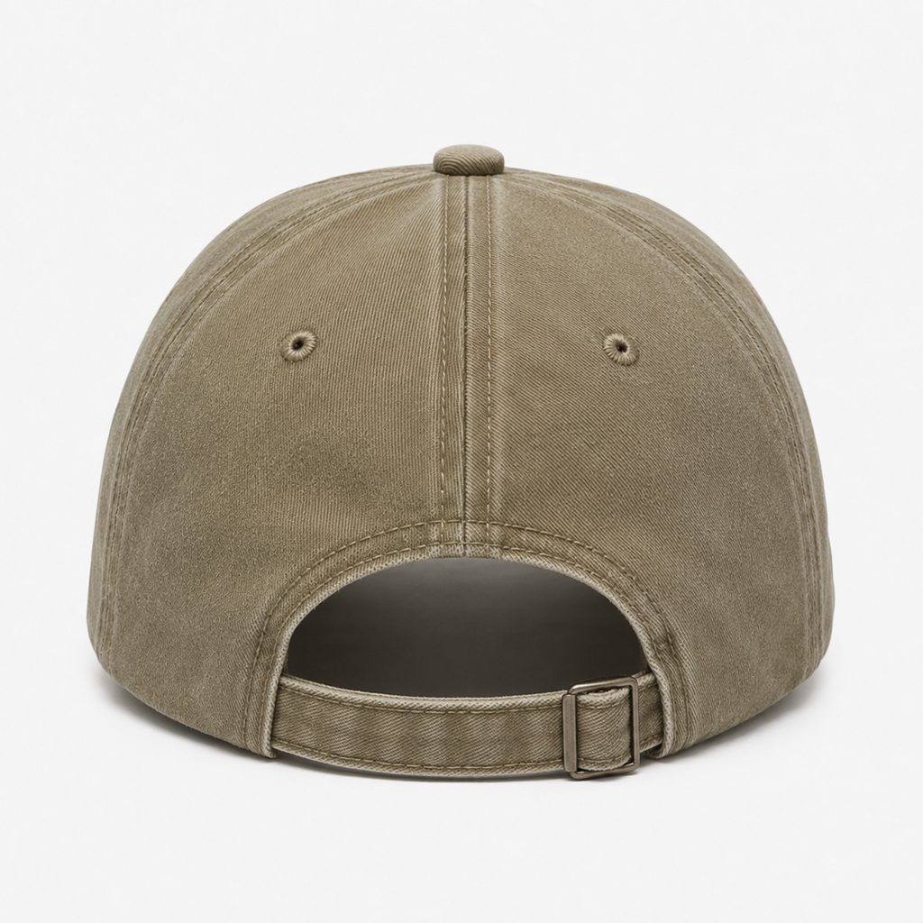 Adjustable washed cotton baseball cap with metal buckle closure