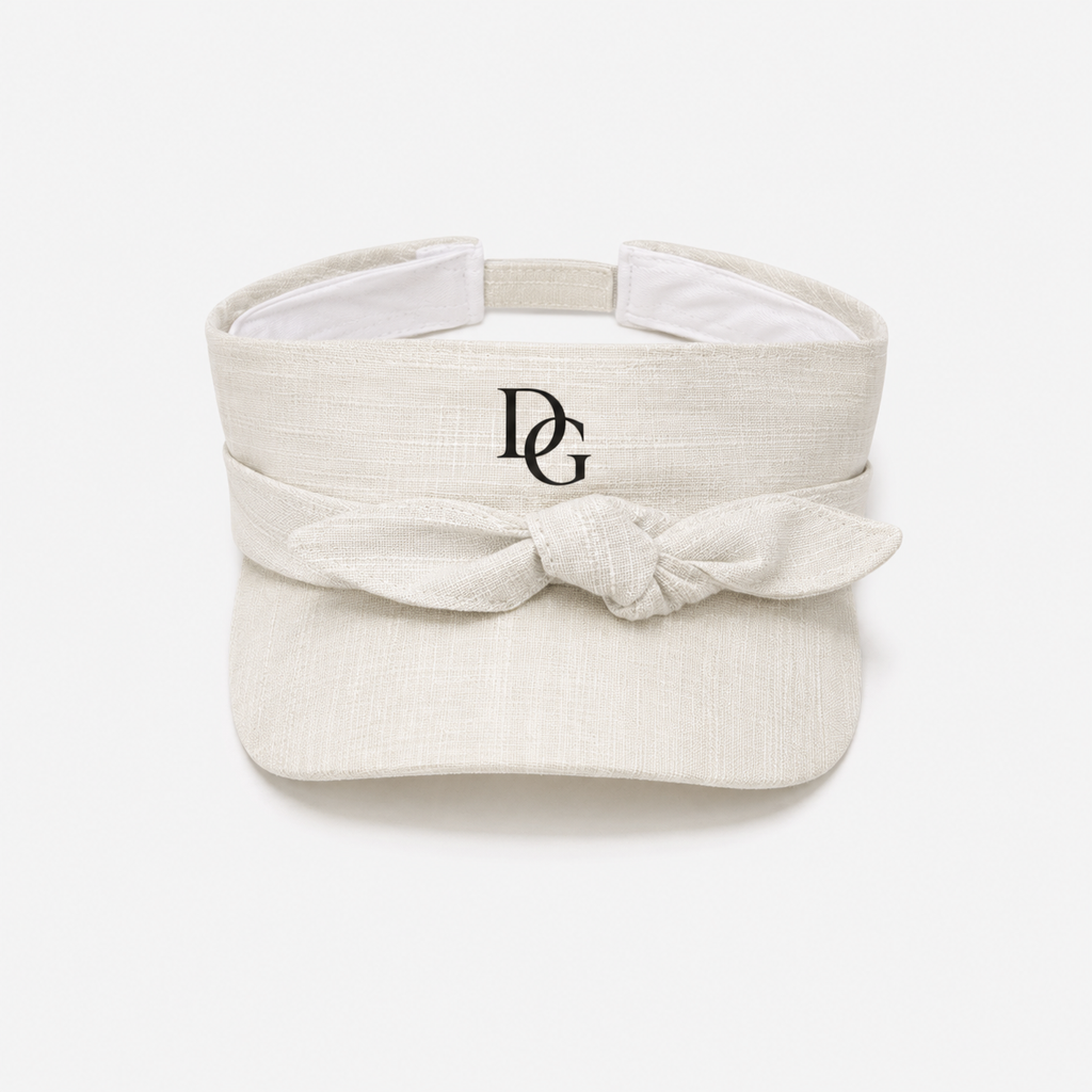 Custom quick dry polyester sports visor with bow tie design, embroidered DG logo, curved brim, and UV protection feature.