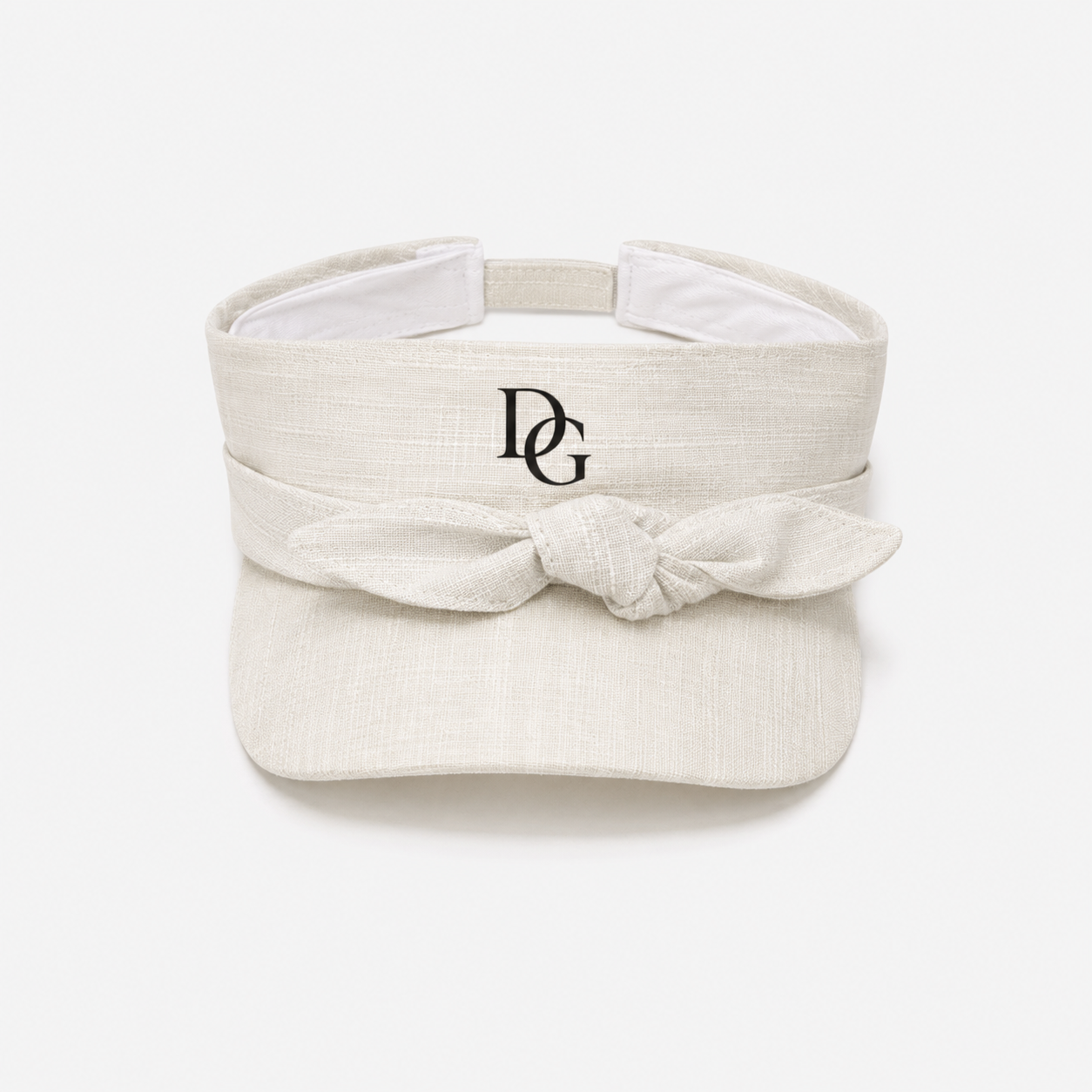 Custom quick dry polyester sports visor with bow tie design, embroidered DG logo, curved brim, and UV protection feature.