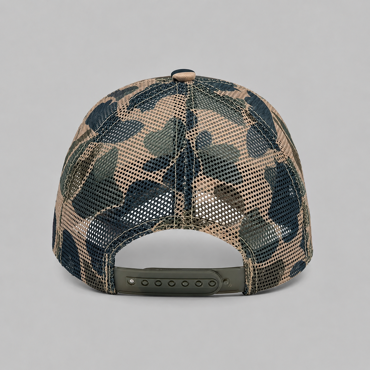 Back view of camo mesh trucker hat with adjustable snapback closure