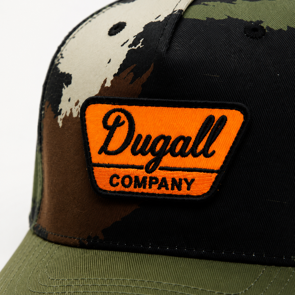 Close-up custom embroidered patch on camo baseball cap