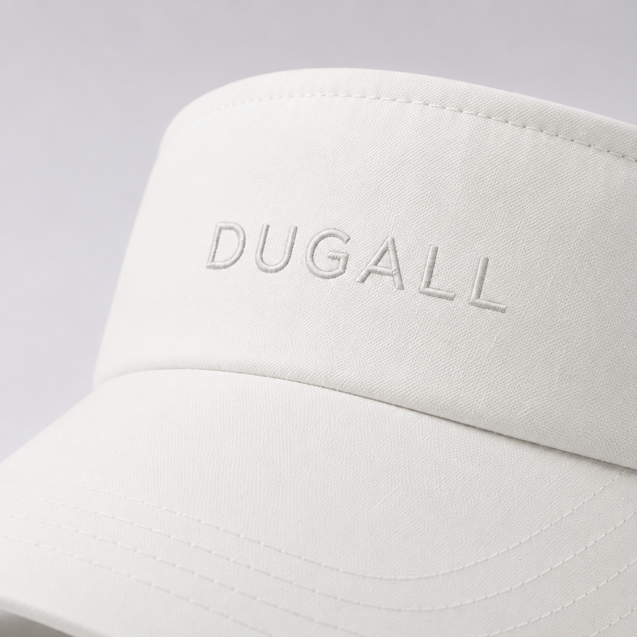 embroidered visor close up, white embroidered visor, custom logo visor, minimalist visor hat, polyester sports visor, premium embroidered visor, clean logo visor, branded visor cap, custom embroidered headwear, wholesale embroidered visor