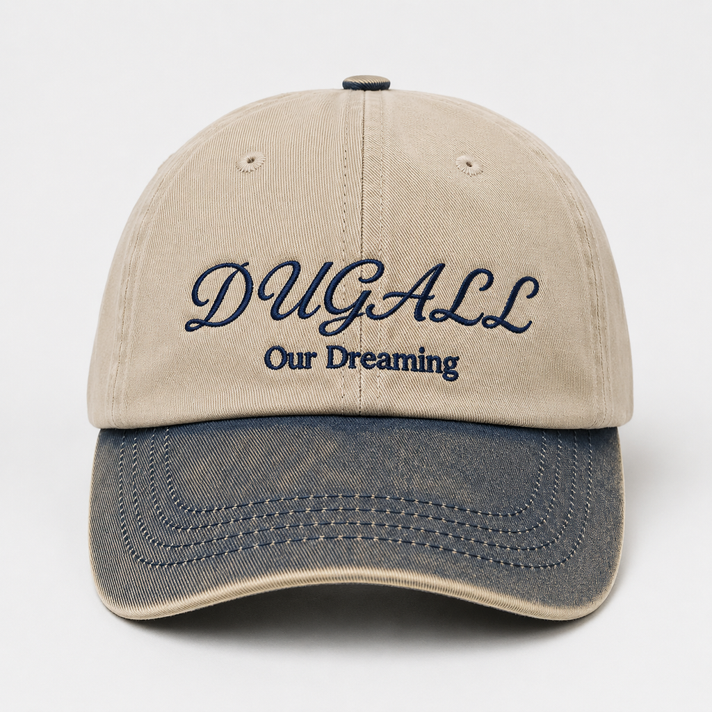 Two tone washed baseball cap with custom script embroidery