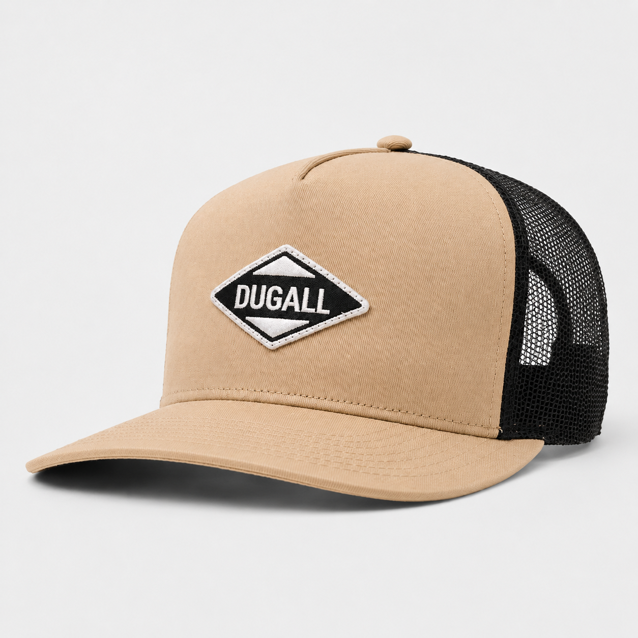Side view of a custom cotton twill trucker hat with embroidered logo and mesh back.