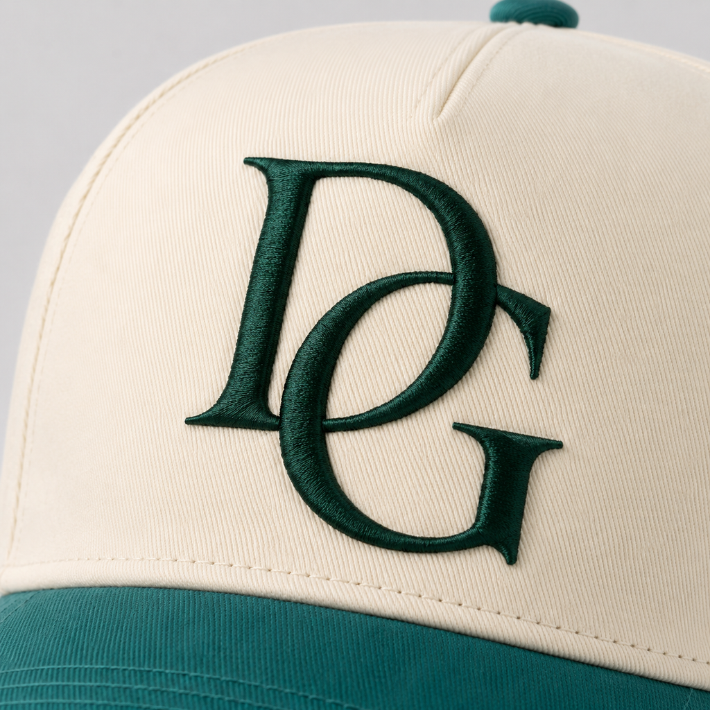 Close-up of custom 3D embroidery logo on denim baseball cap