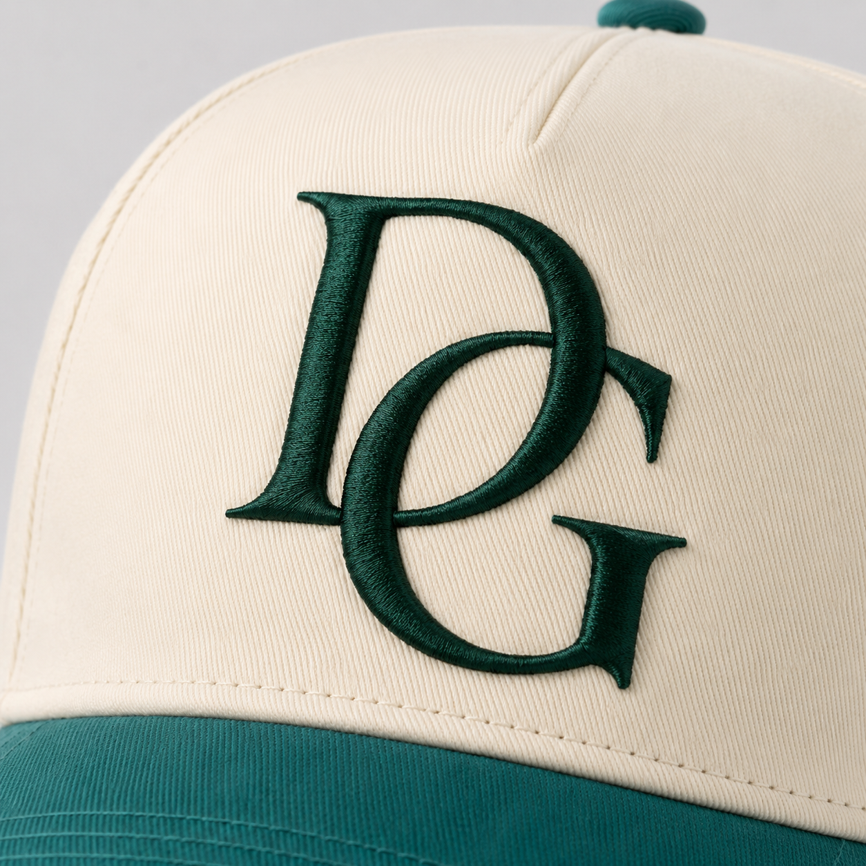 Close-up of custom 3D embroidery logo on denim baseball cap