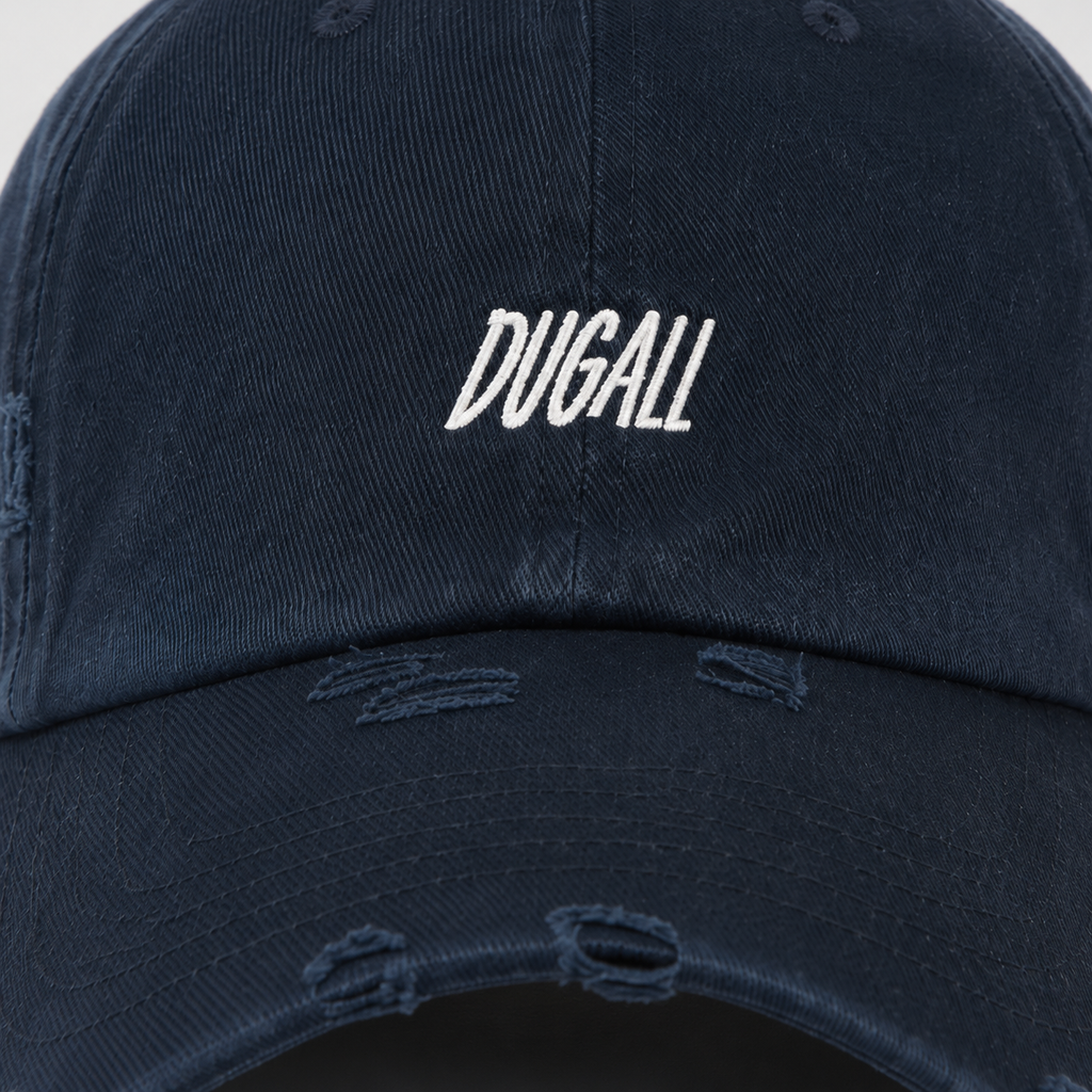 Close-up of custom embroidery logo on washed cotton baseball cap
