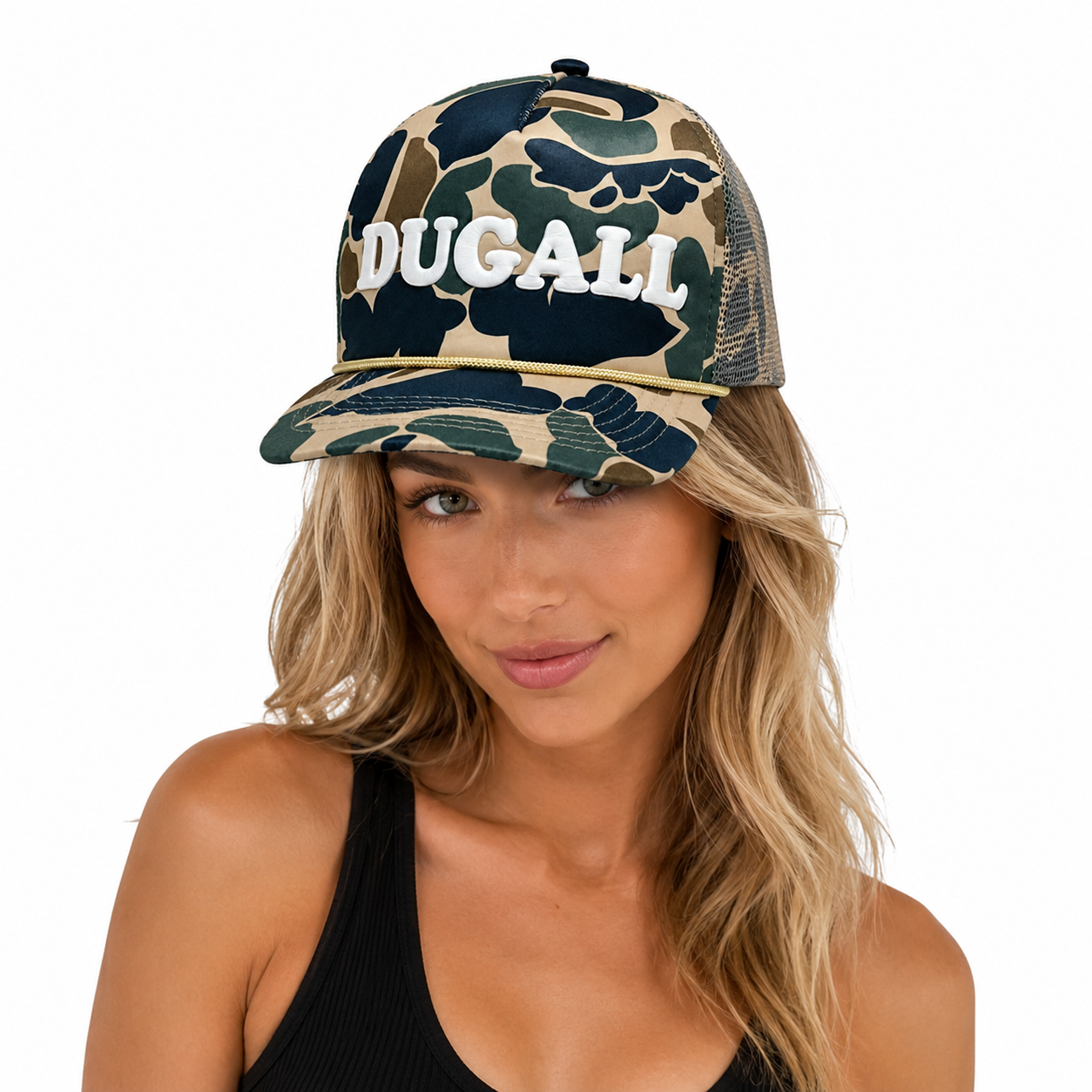 Model wearing custom printed camo trucker hat with 3D print logo