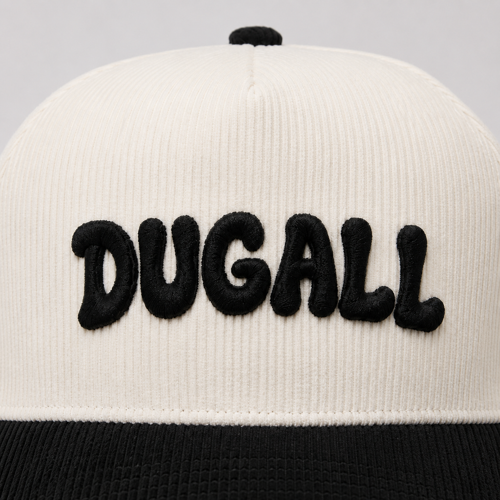 Close-up of custom chenille embroidery logo on cotton baseball cap