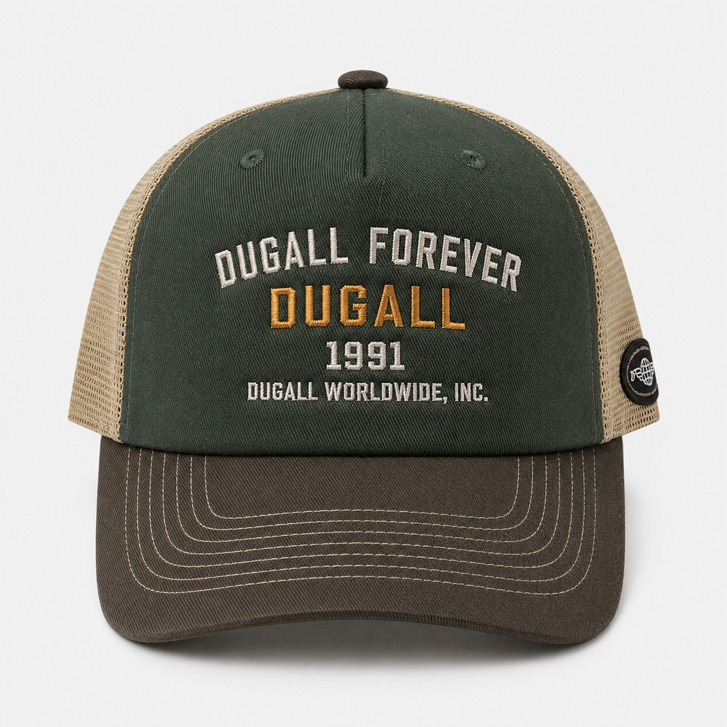 Close-up view of a custom embroidered cotton denim trucker hat with a structured front panel, curved brim, breathable mesh back, and premium logo stitching for brand customization.