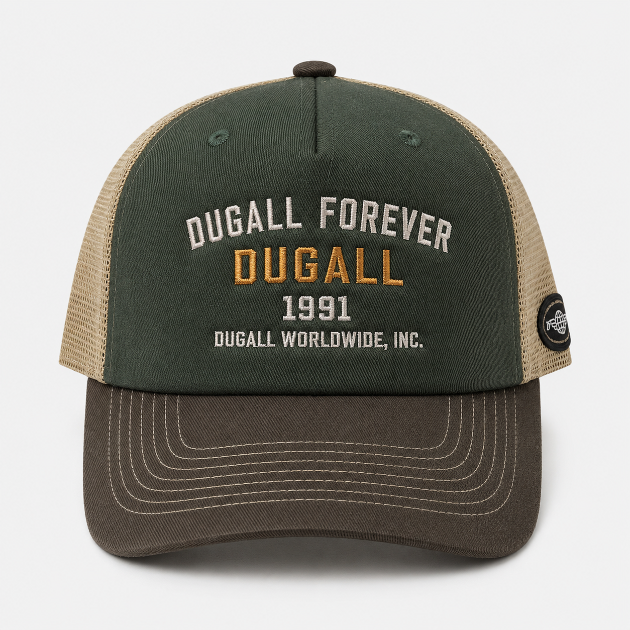 Close-up view of a custom embroidered cotton denim trucker hat with a structured front panel, curved brim, breathable mesh back, and premium logo stitching for brand customization.