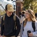 Lifestyle image of a custom embroidered trucker hat worn in a campus outdoor scene, featuring a textured cotton front, breathable polyester mesh back, curved brim, and custom logo design.