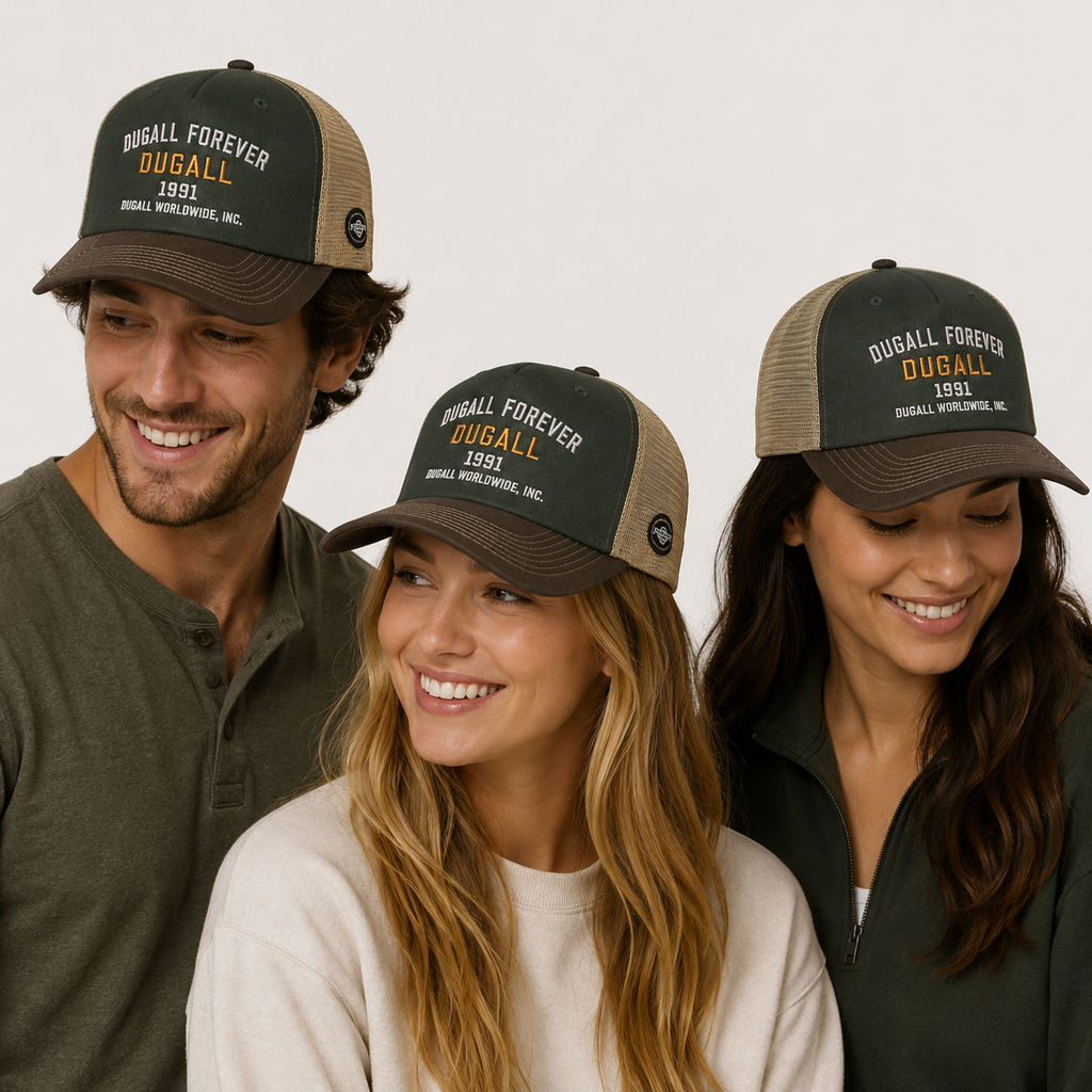Lifestyle image showing men and women wearing custom embroidered trucker hats, perfect for outdoor activities, streetwear brands, promotional events, and casual everyday fashion.