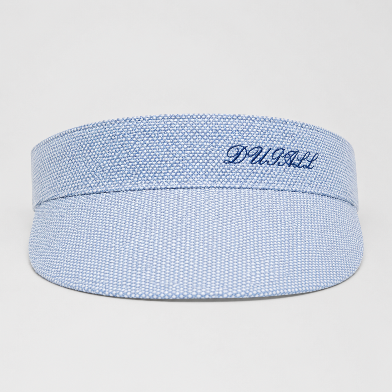 A light blue and white micro-patterned visor hat with 'DUGLI' embroidered in navy blue on the front band, shown against a plain light gray background.