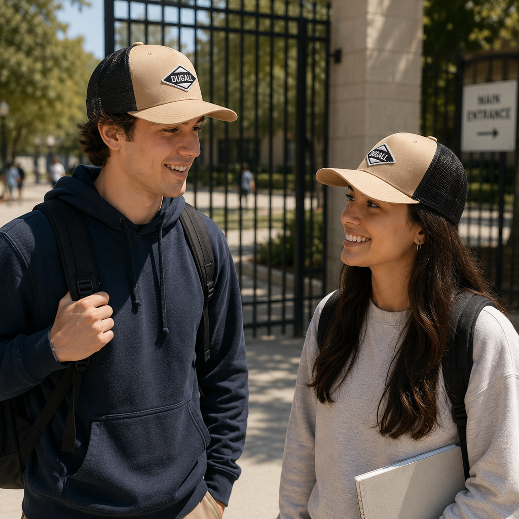 Lifestyle image of custom embroidered trucker hats for daily wear, campus, outdoor, and brand promotion.