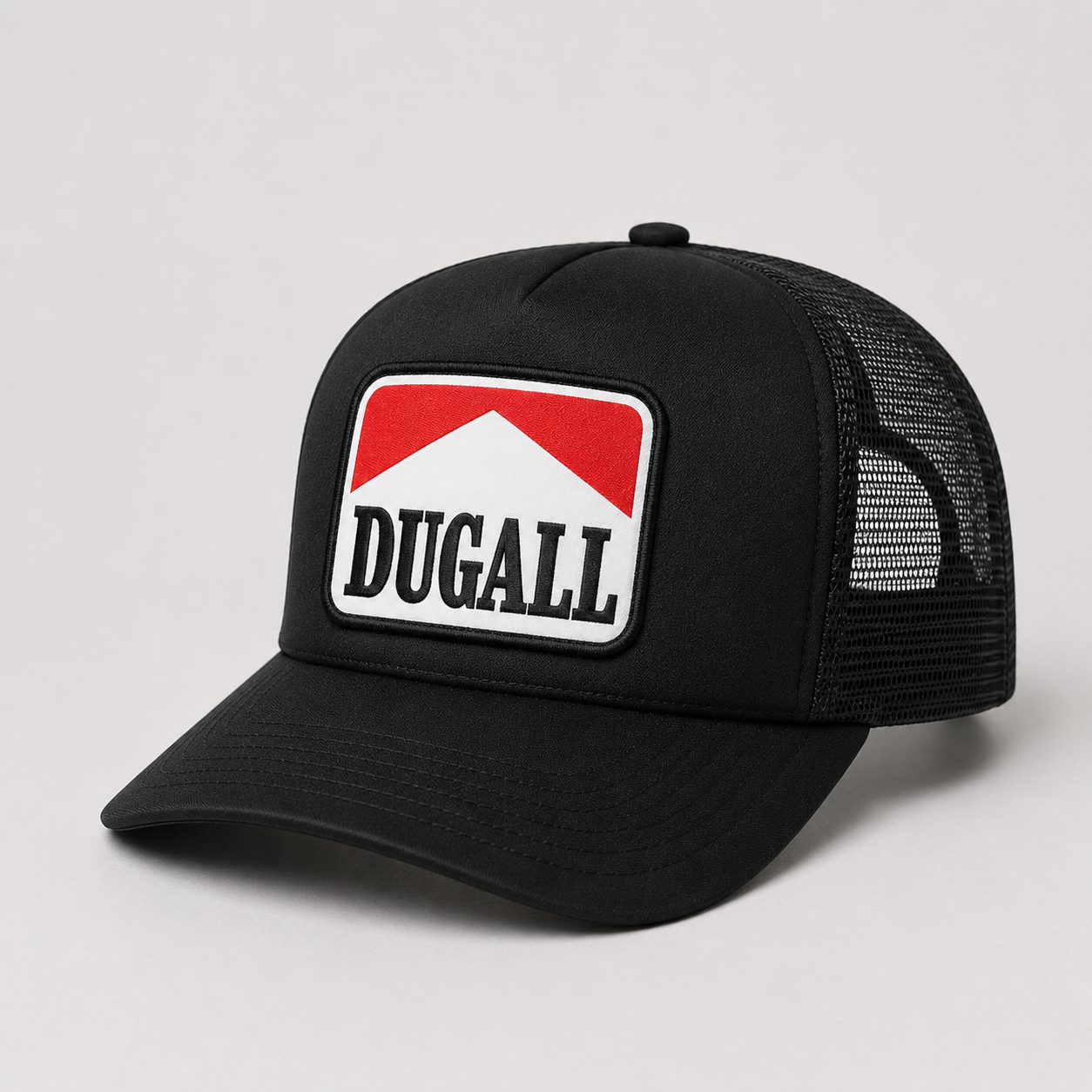 Custom mesh back cap with printed patch logo and curved brim