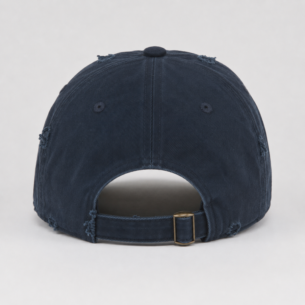 Back view of adjustable washed cotton baseball cap with metal buckle
