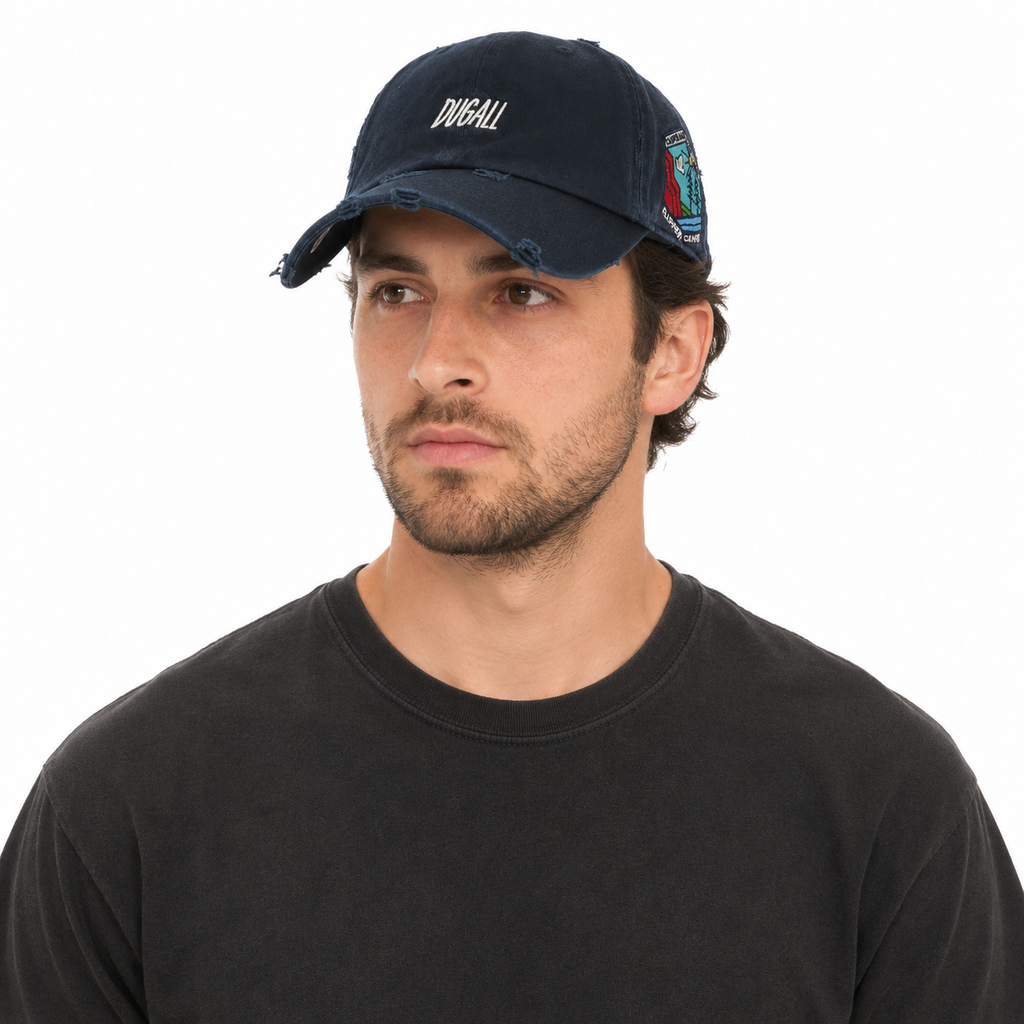 Men wearing custom vintage washed baseball cap with distressed details