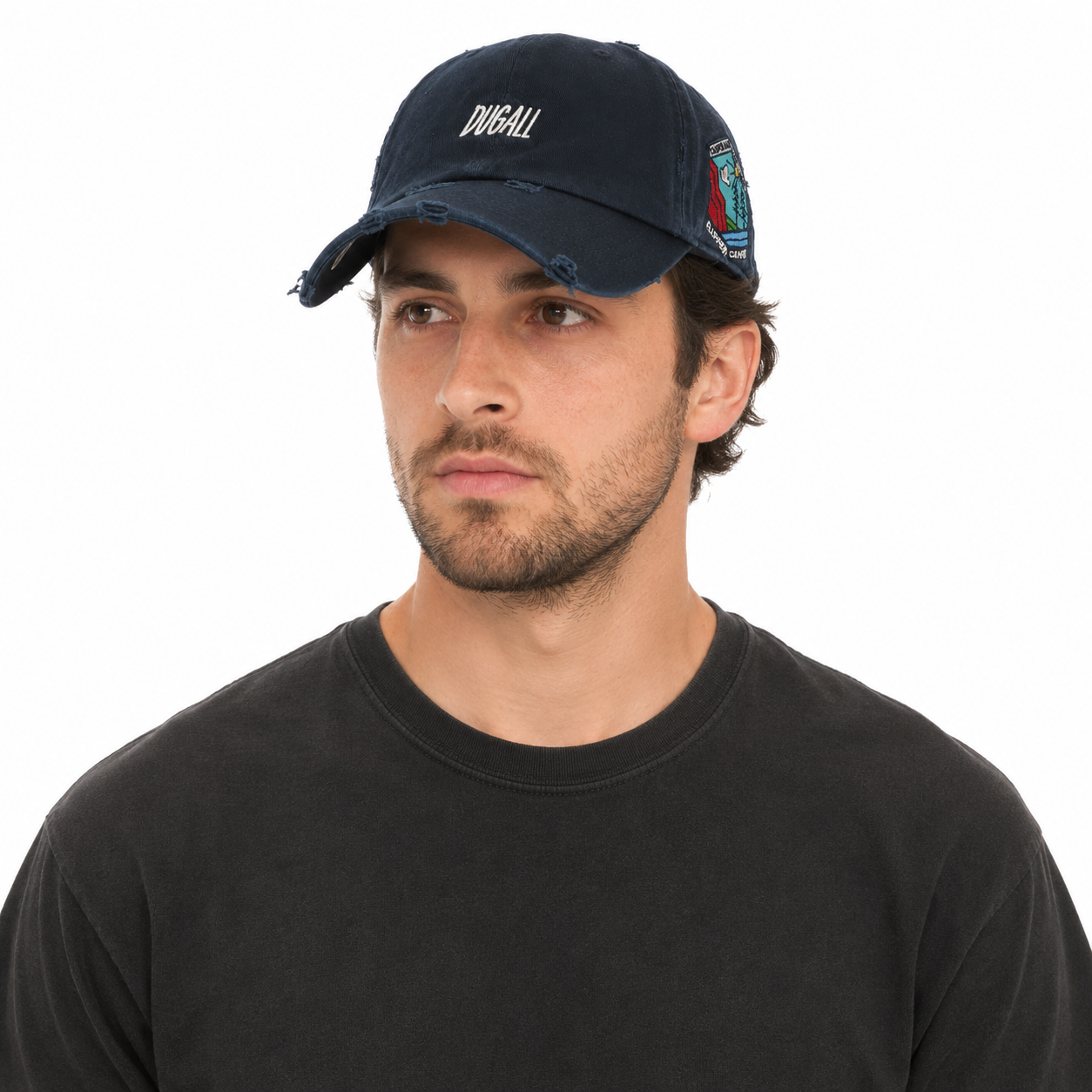 Men wearing custom vintage washed baseball cap with distressed details