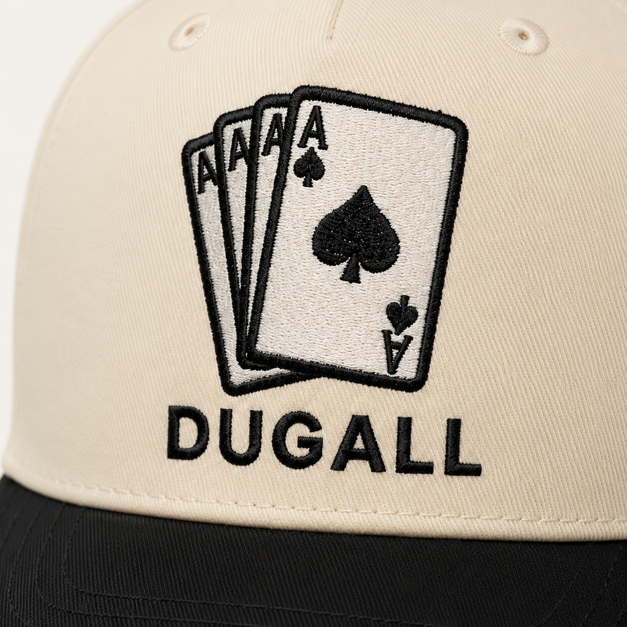 Custom embroidered logo detail on cotton polyester snapback baseball cap