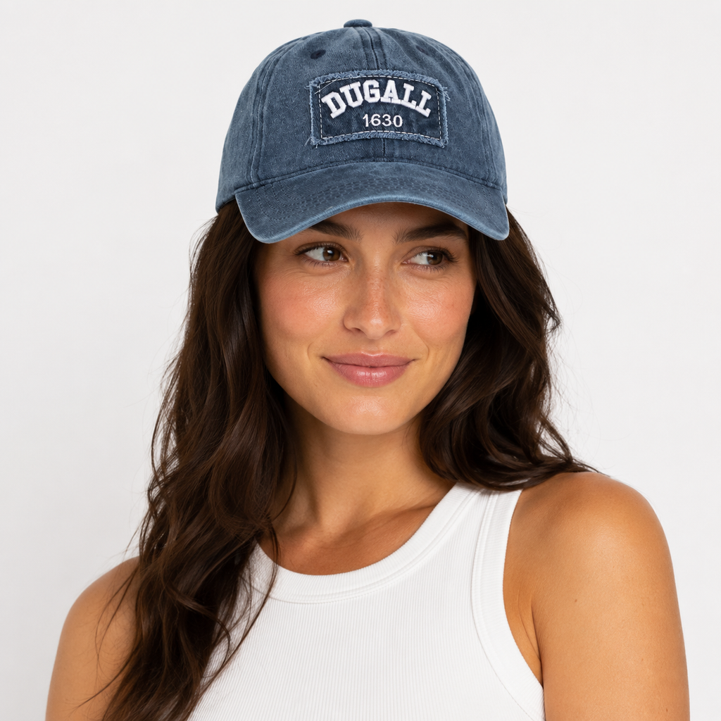 Women wearing custom washed denim baseball cap with patch embroidery logo