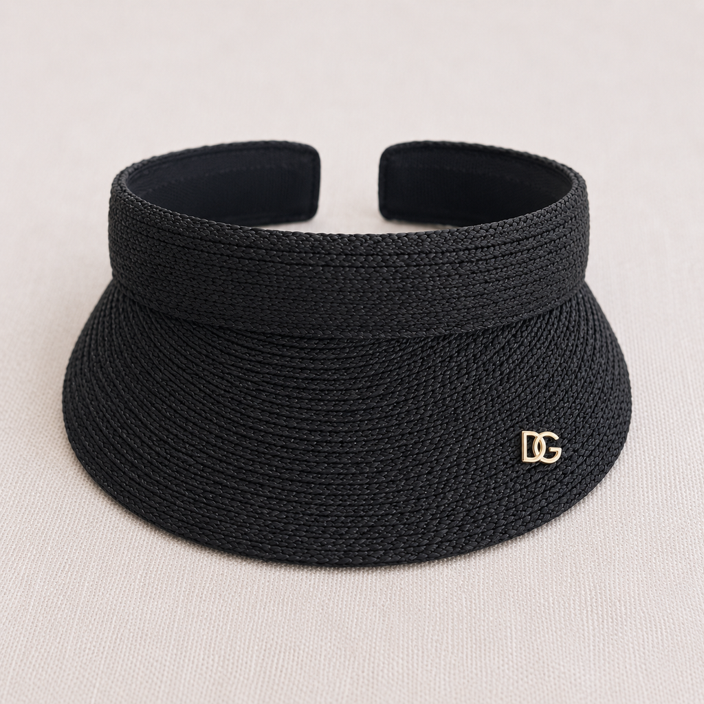 Front view of black raffia sun visor with wide curved brim, UV protection design, and custom metal logo.