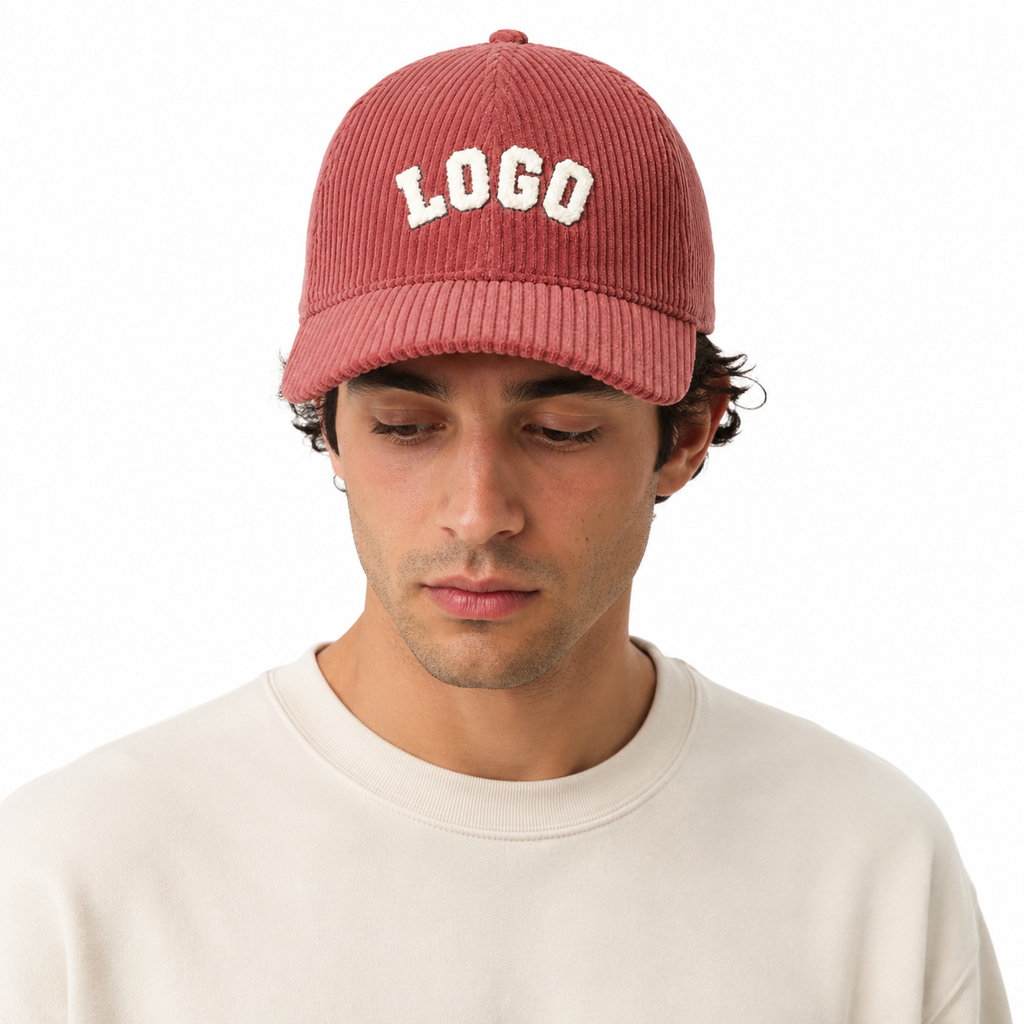 Men’s custom corduroy dad hat with embroidered logo for vintage streetwear style