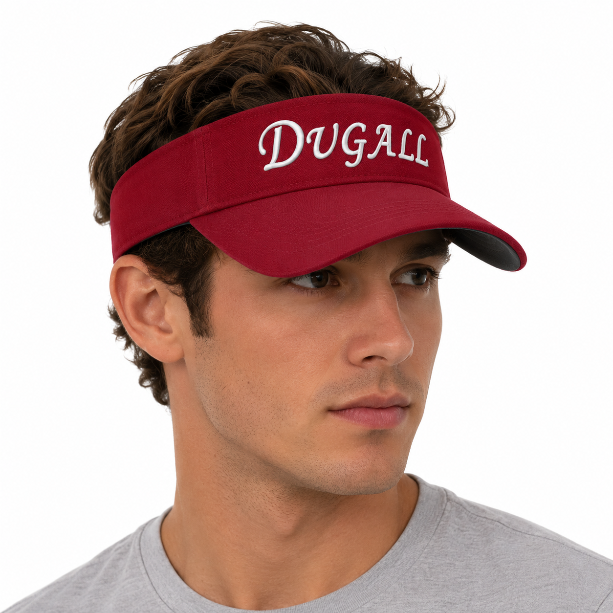 A man wearing a burgundy visor with 'DUGALL' embroidered in white script on the front, shown against a plain white background.