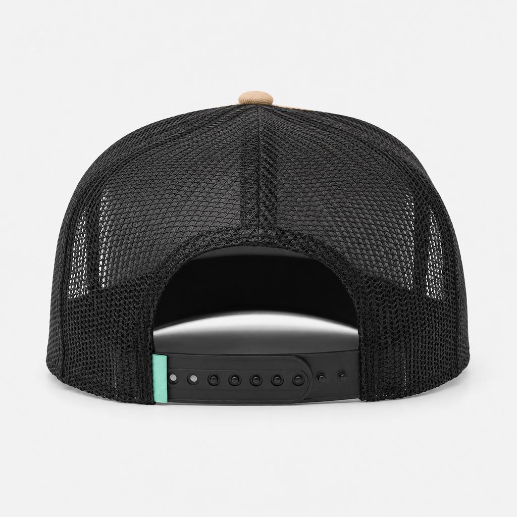 Back view of breathable polyester mesh trucker hat with adjustable snapback closure.