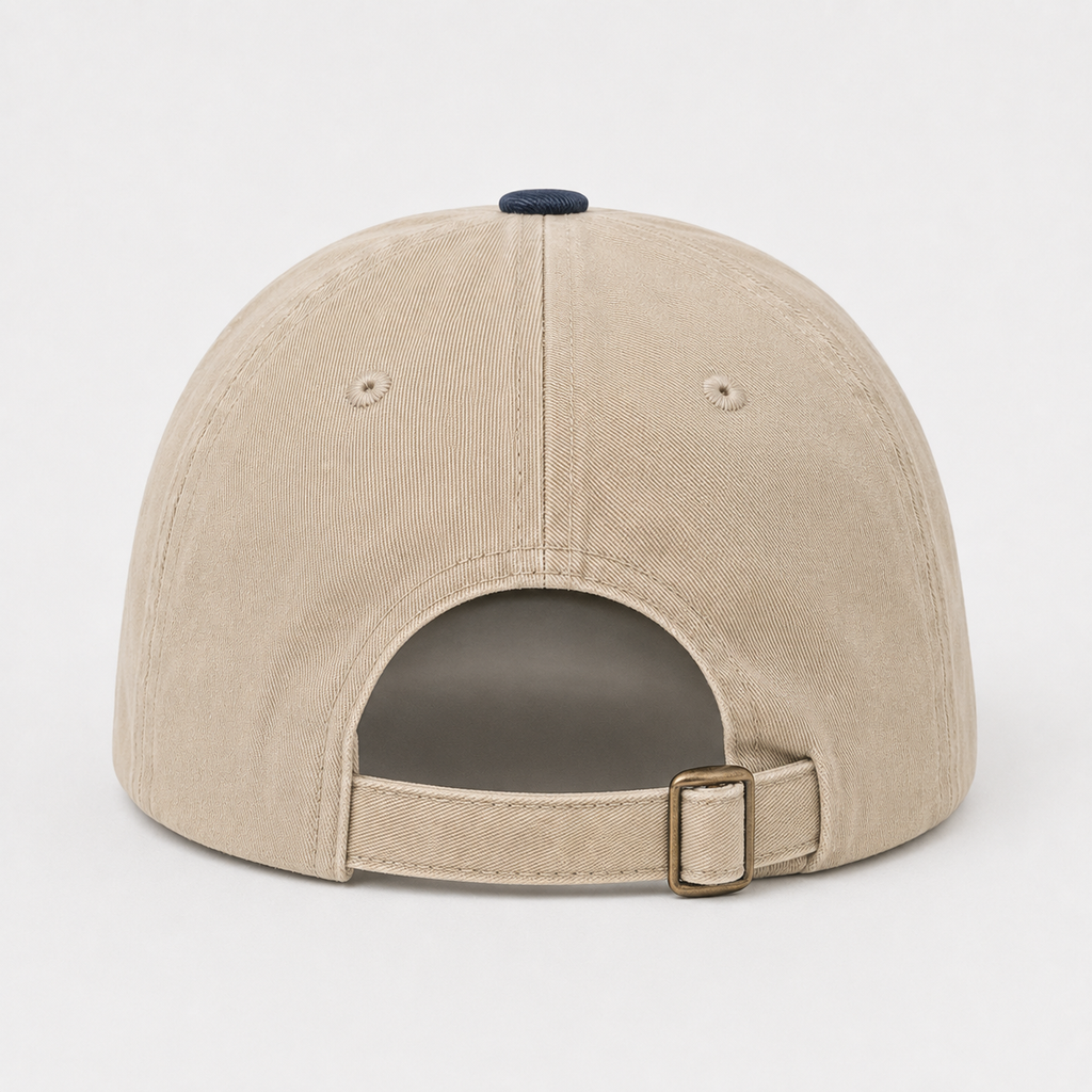 Back view of washed cotton cap with adjustable metal buckle