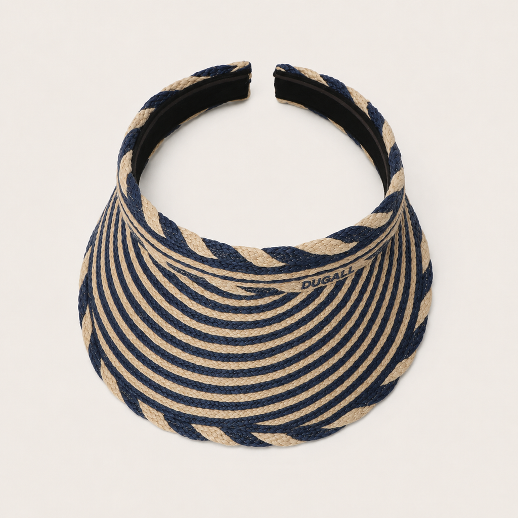 A woven sun visor hat featuring a navy blue and beige striped pattern, with the brand name 'DUCALL' printed on the side, set against a plain light beige background.