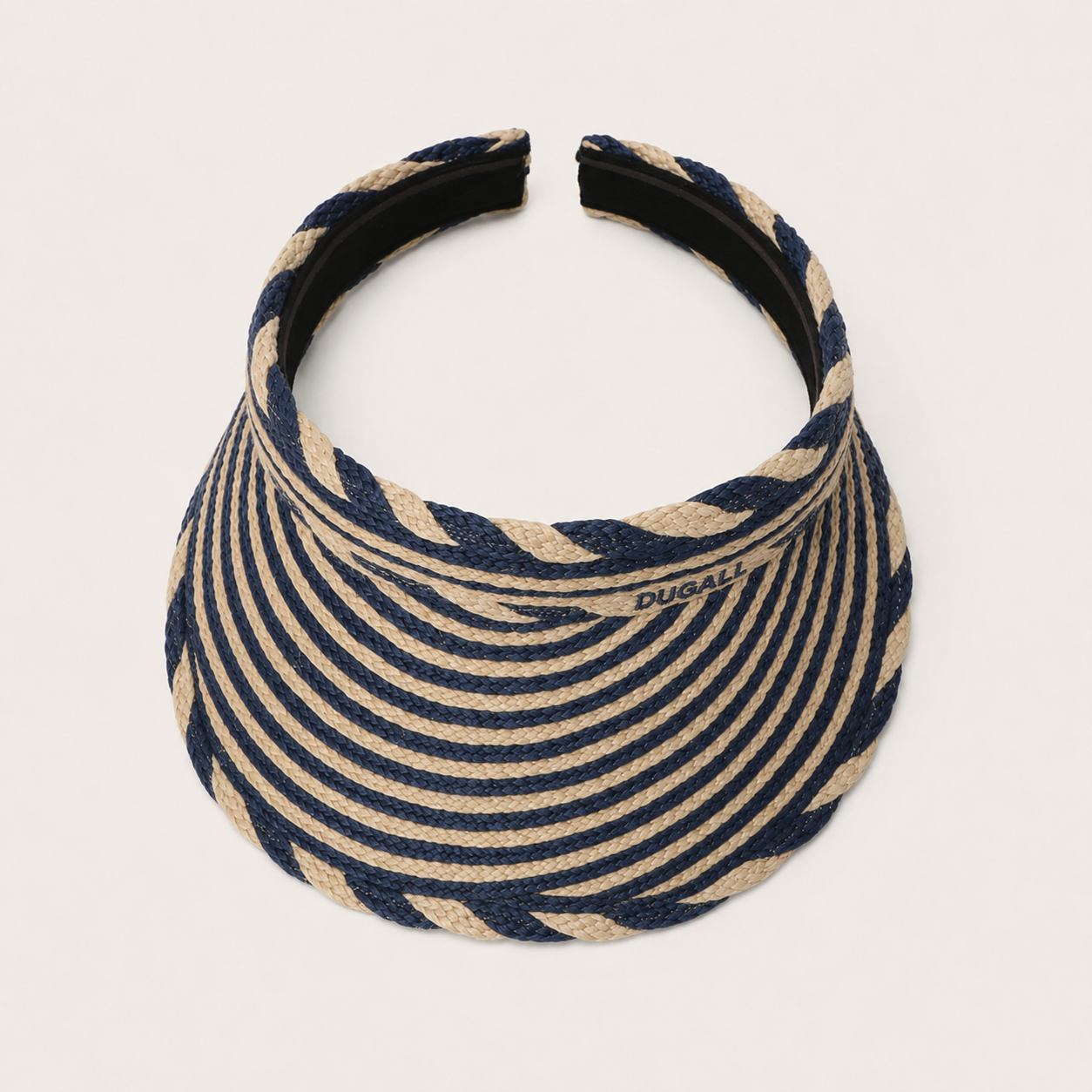 A woven sun visor hat featuring a navy blue and beige striped pattern, with the brand name 'DUCALL' printed on the side, set against a plain light beige background.