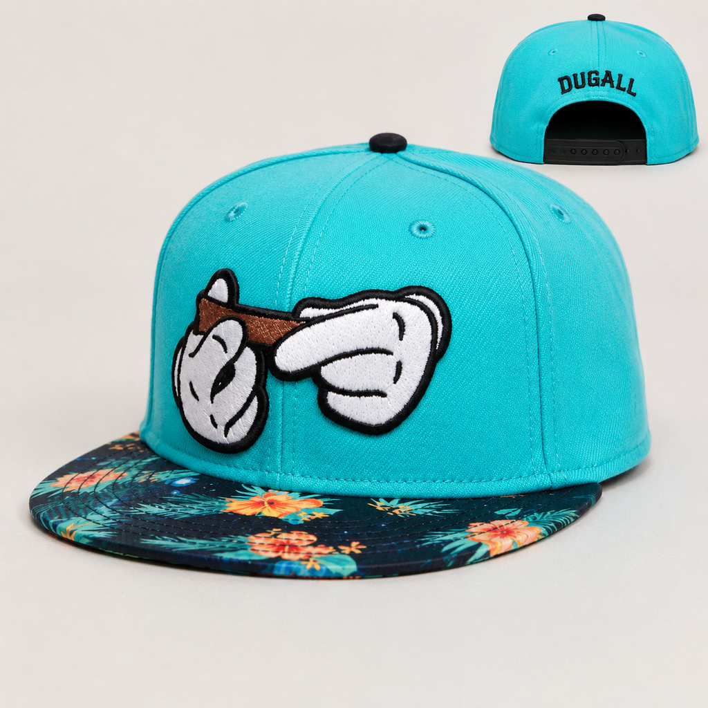 Angled display of a custom cotton snapback hat featuring cartoon front embroidery, printed flat brim, and adjustable snapback closure.
