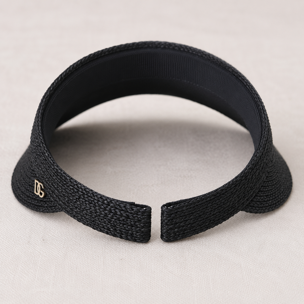 Back view of black raffia sun visor with open-top design, breathable woven texture, and comfortable fit.
