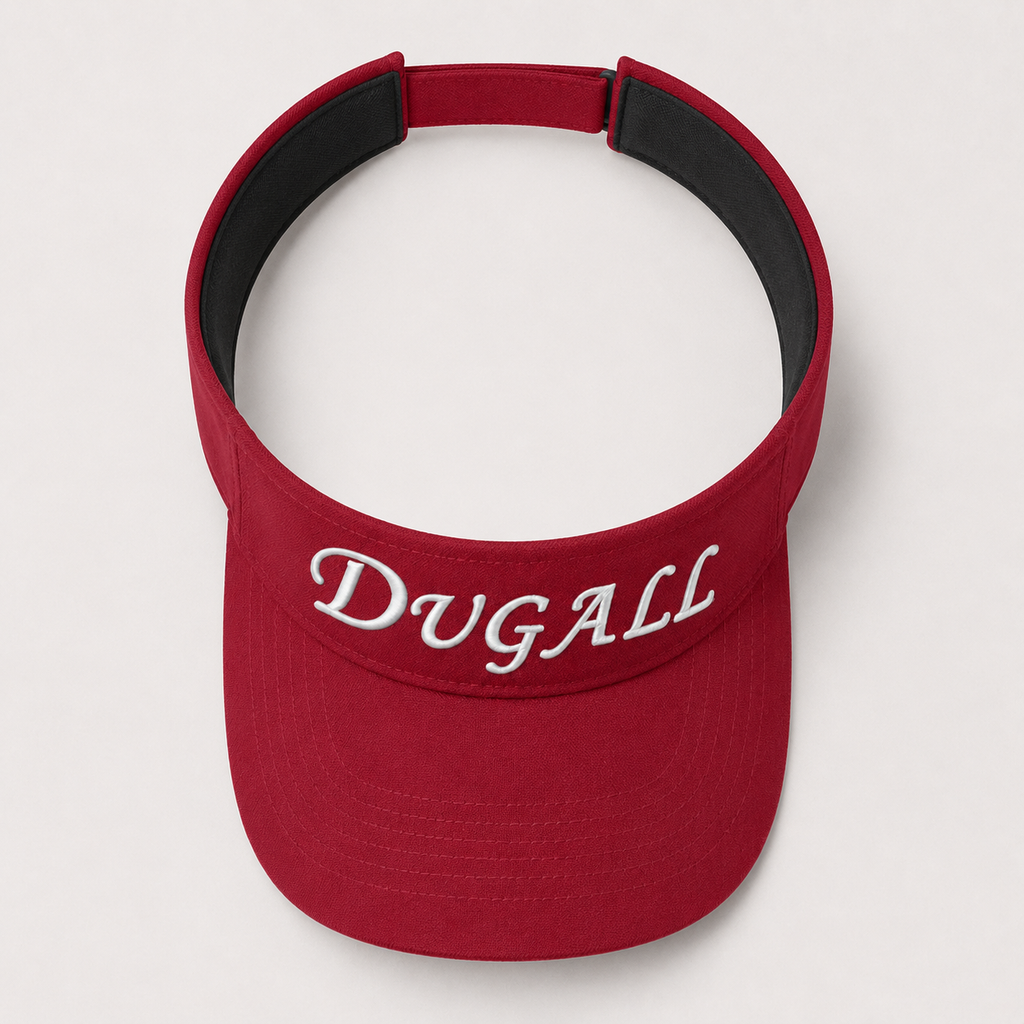 A red visor hat with the name 'DUGALL' embroidered in white script across the front, shown against a light gray background.
