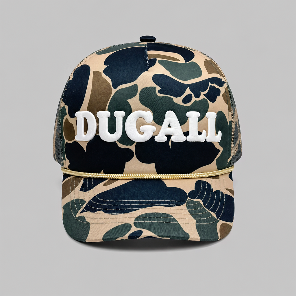 Custom printed camo trucker hat with raised 3D print logo.