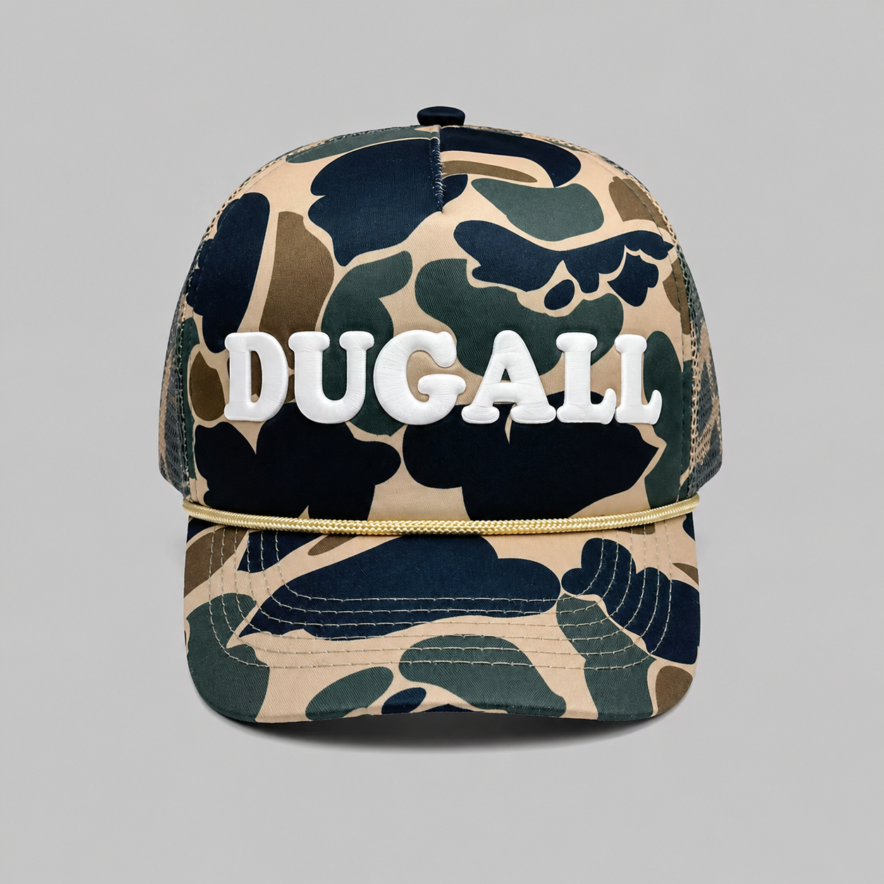 Custom printed camo trucker hat with raised 3D print logo.